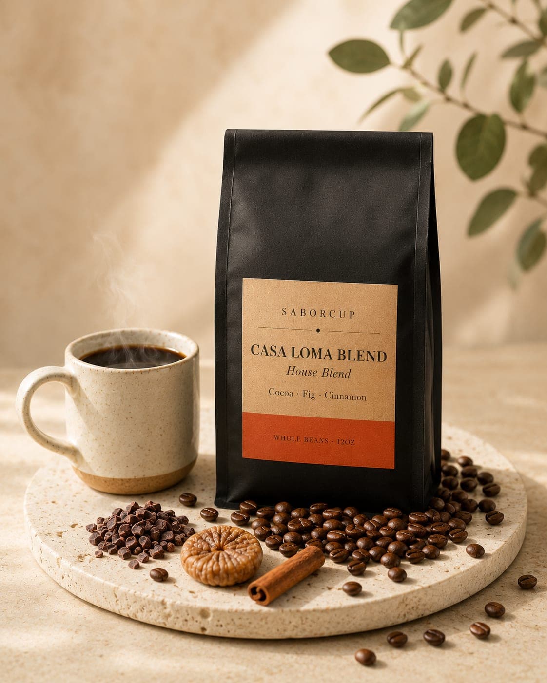 SaborCup Casa Loma Blend coffee bag arranged with a steaming cream ceramic mug on a circular pale stone tile, with scattered roasted beans and soft green leaves overhead.