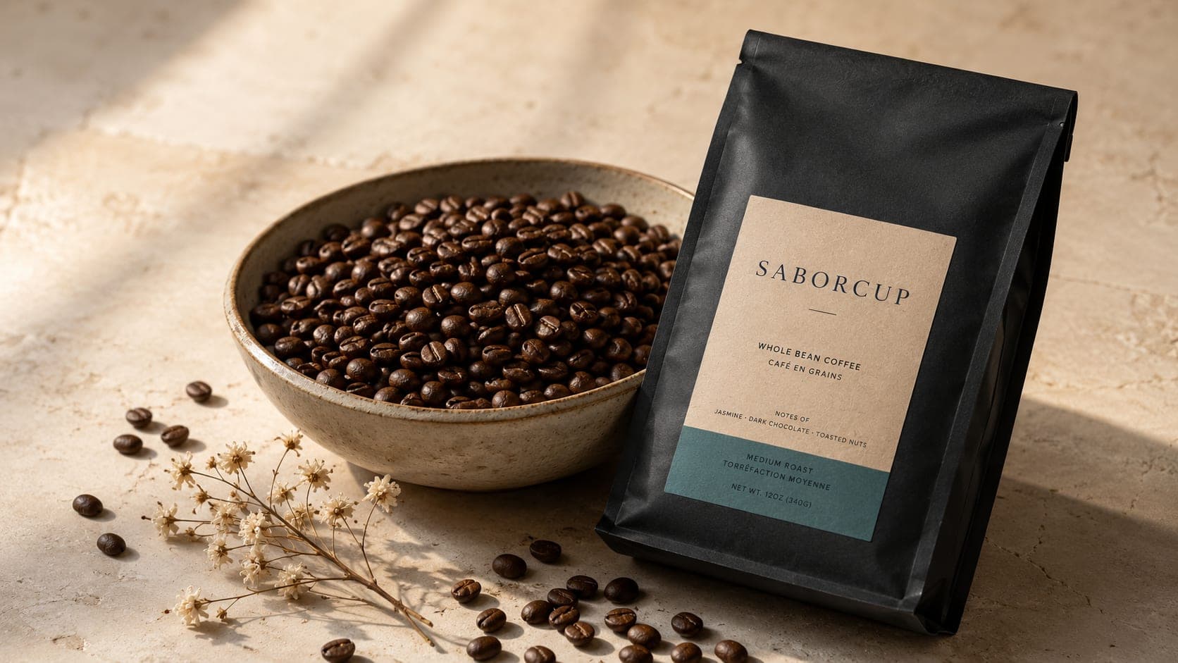 Ceramic bowl of freshly roasted coffee beans beside a SaborCup coffee bag on a cream stone surface