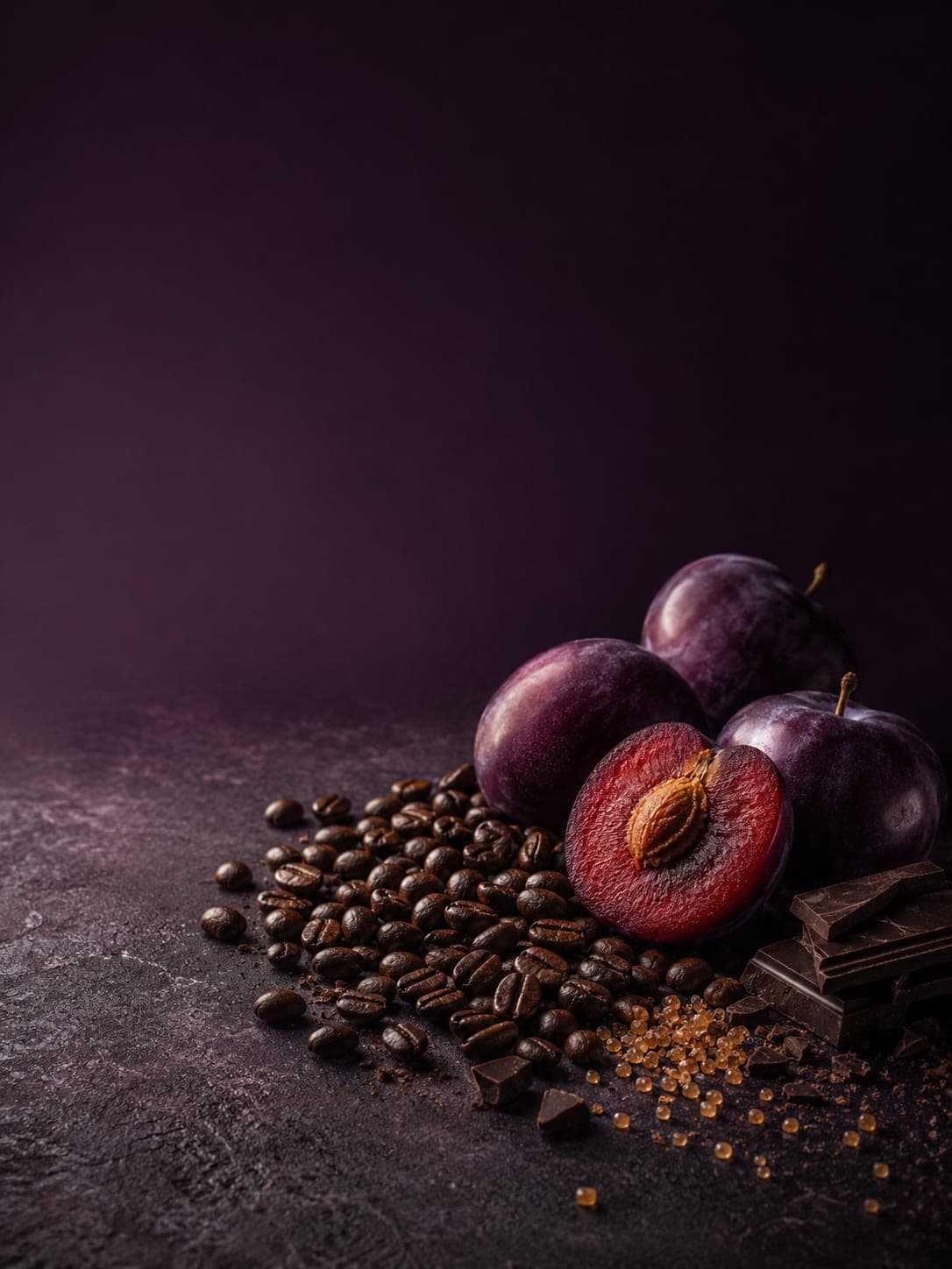 Editorial still-life of whole and halved purple plums, dark chocolate, and brown sugar beside roasted coffee beans