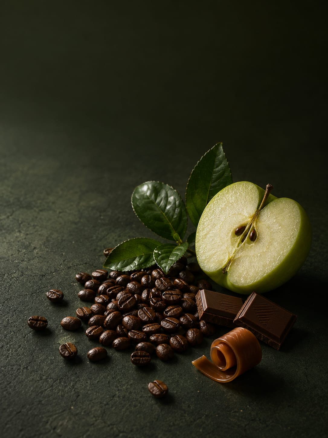 Editorial still-life of a halved green apple, milk chocolate, and caramel beside roasted coffee beans