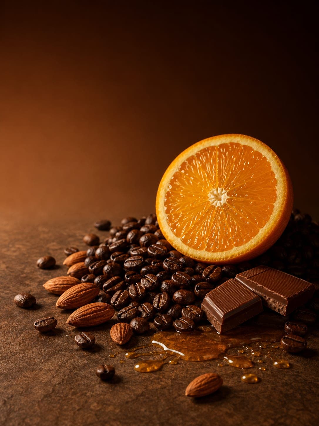 Editorial still-life of a sliced orange, raw almonds, milk chocolate, and honey beside roasted coffee beans