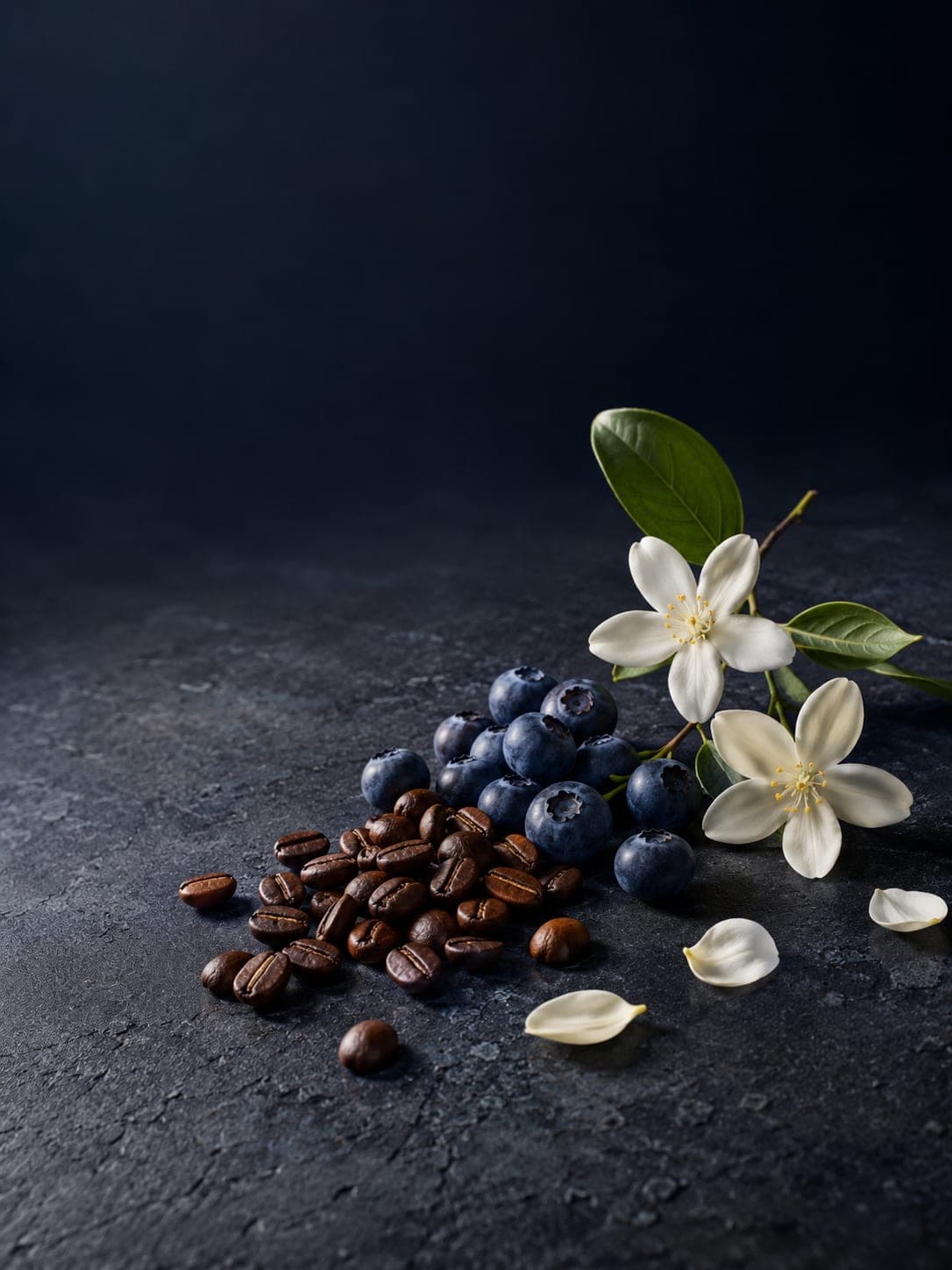 Editorial still-life of fresh blueberries and white jasmine flowers beside roasted coffee beans
