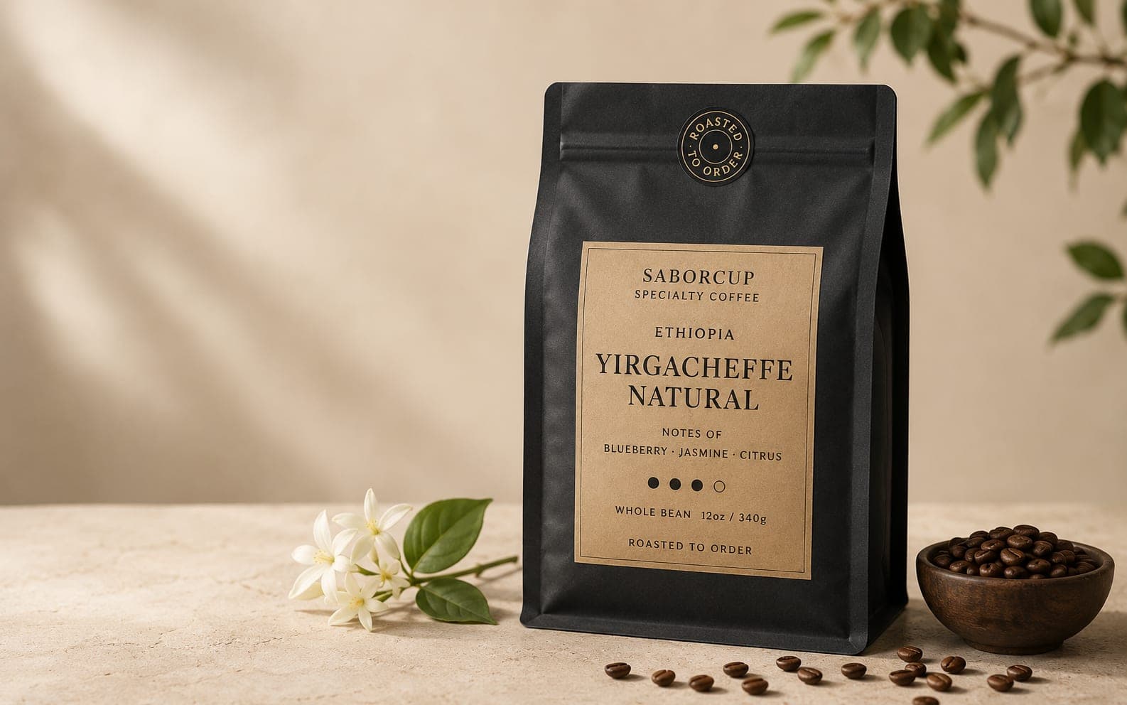 SaborCup Yirgacheffe Natural — single-origin Ethiopian coffee with jasmine flower, wooden bowl of beans, and warm cream surface