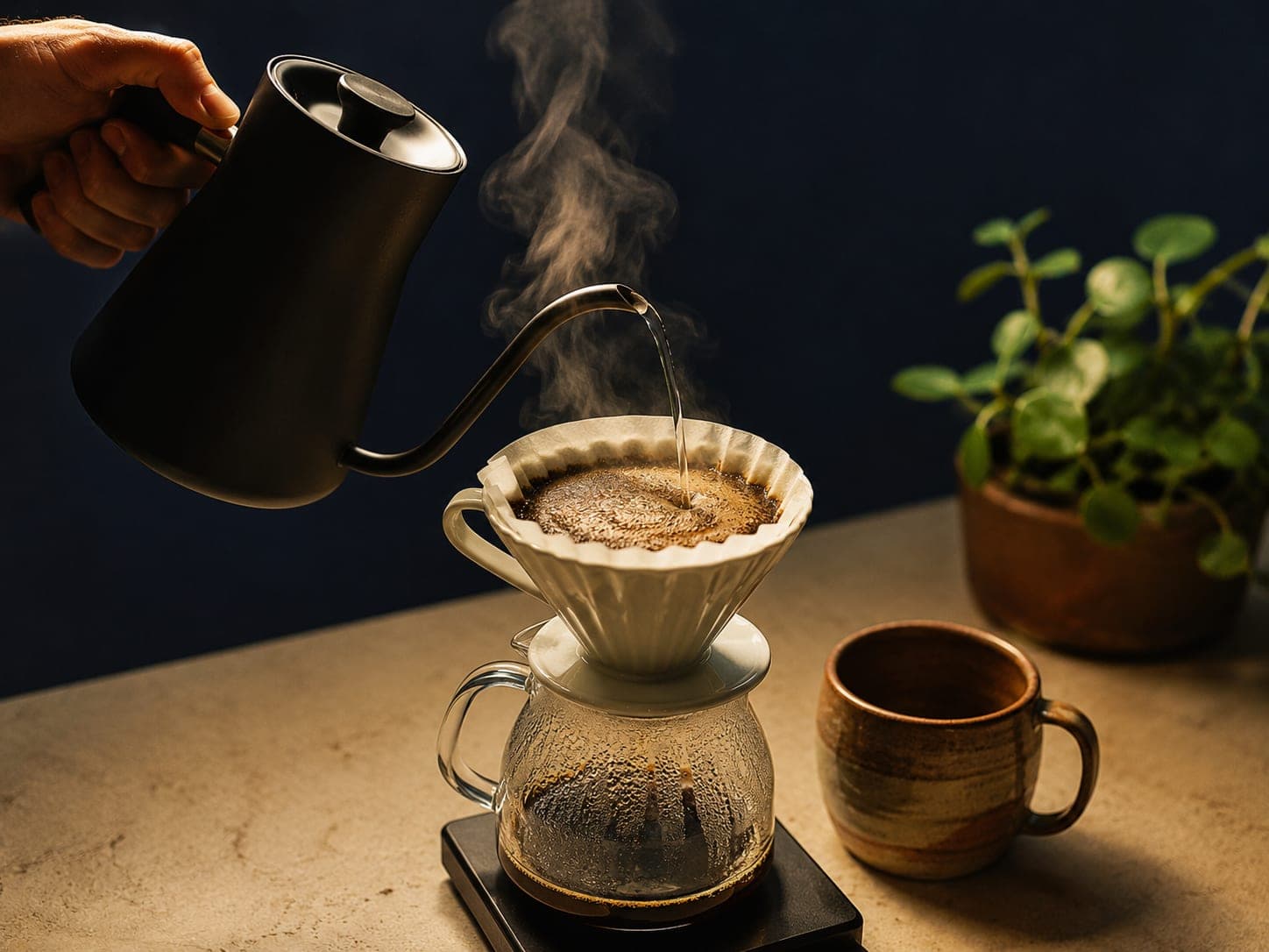 A hand pouring water from a matte-black gooseneck kettle into a ceramic pour-over dripper, with steam rising and a ceramic mug and small potted plant beside it.