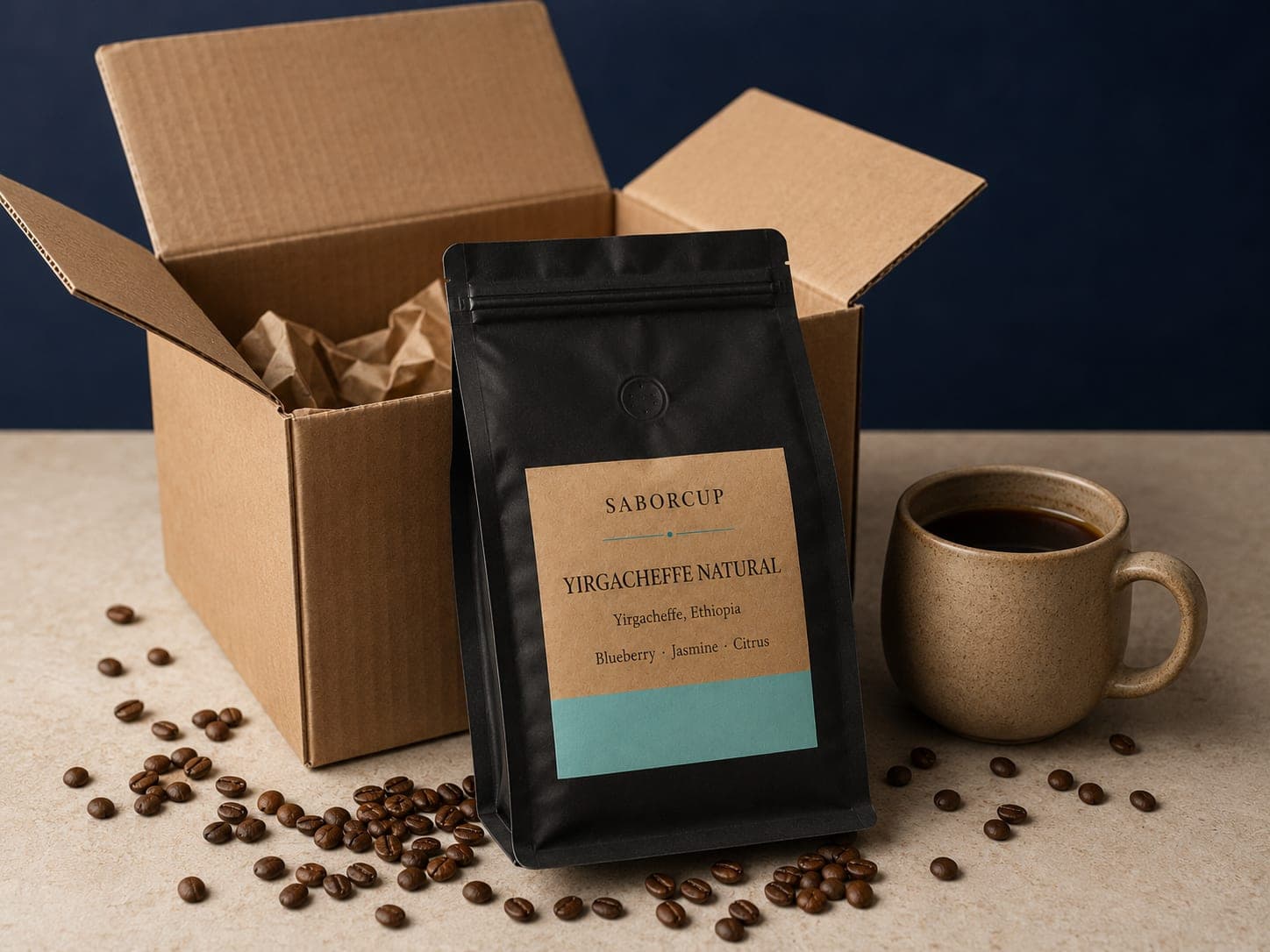 SaborCup matte-black coffee bag with a kraft paper label, propped against an open kraft cardboard shipping box, with a ceramic mug and scattered roasted beans nearby.