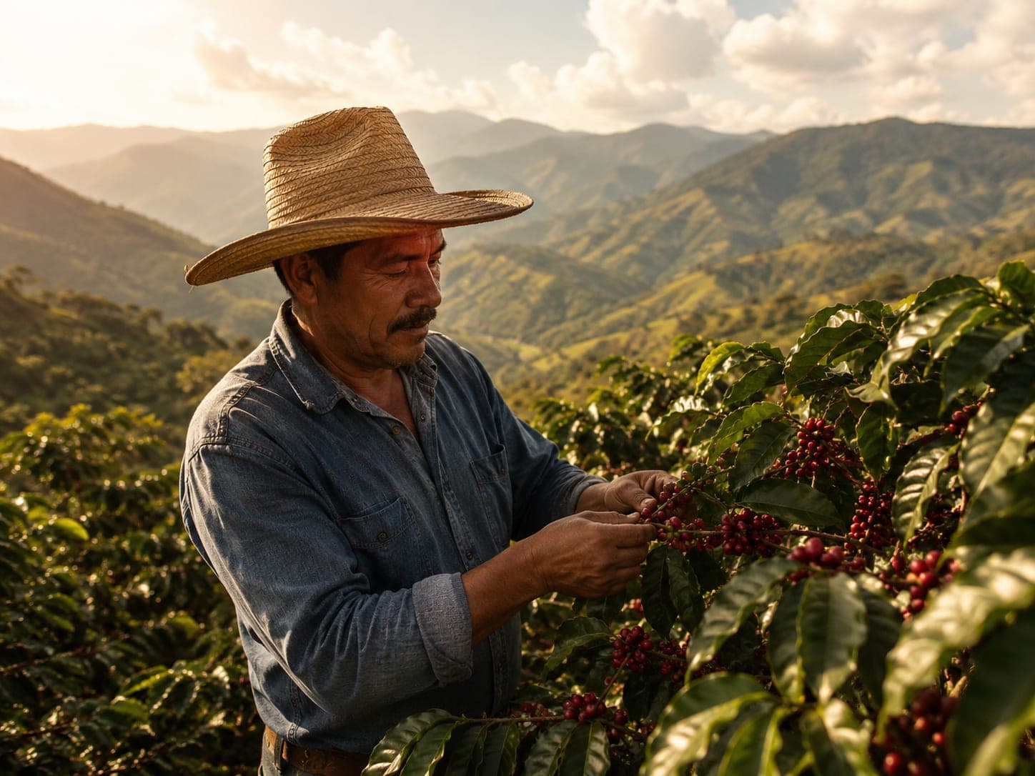 Coffee farmer in a wide-brimmed straw hat inspecting ripe red cherries on a coffee plant, with green mountain ranges in the background at golden hour.