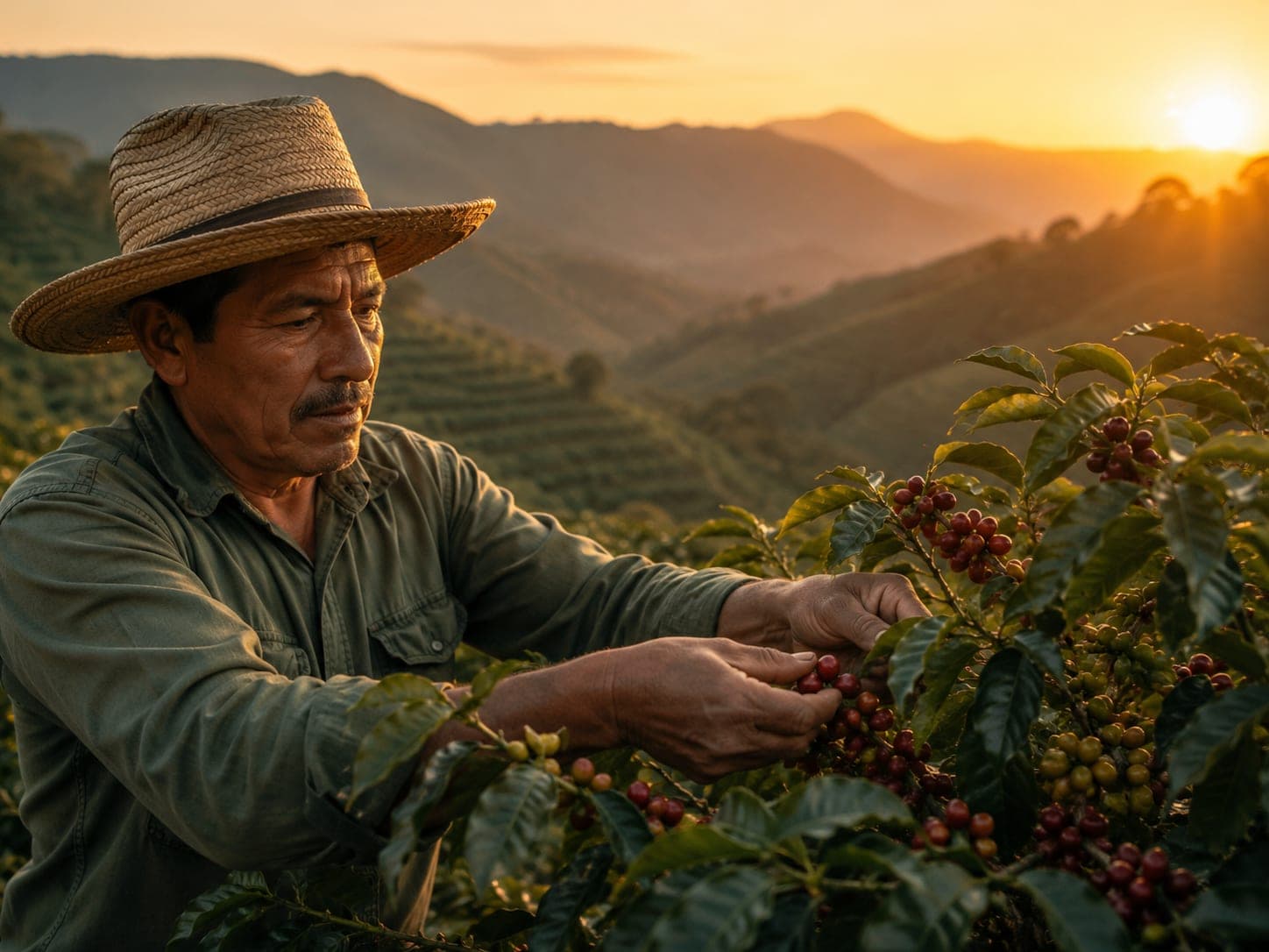 SaborCup farming partner hand-picking ripe coffee cherries on a hillside farm at golden hour with misty mountain backdrop