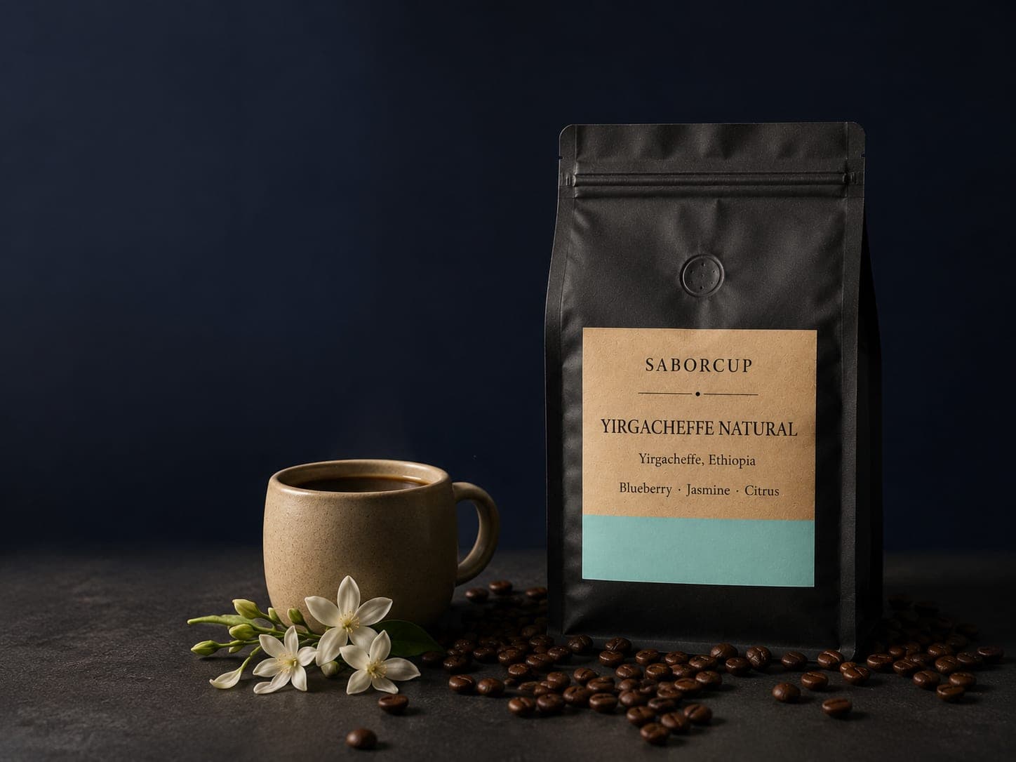 SaborCup Yirgacheffe Natural coffee bag with a ceramic mug, jasmine flowers, and roasted beans on a dark stone surface