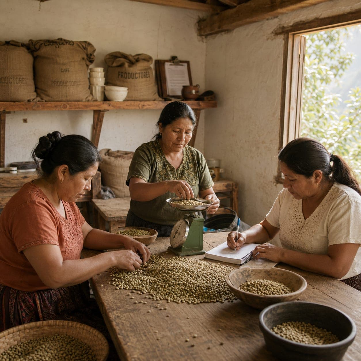 Three women coffee cooperative members at work around a wooden table, weighing green beans on a mechanical scale, sorting for defects, and recording quality entries in a notebook.