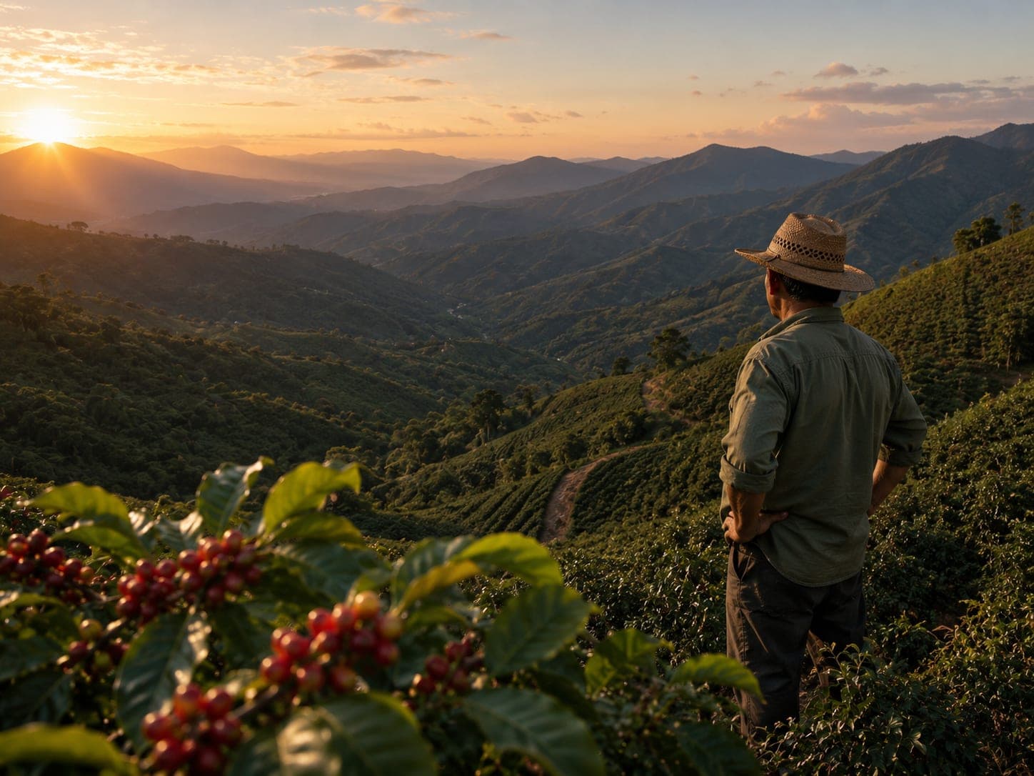 A coffee farmer in a wide-brimmed straw hat overlooks layered green coffee hillsides at golden hour, with ripe red cherries in the foreground.