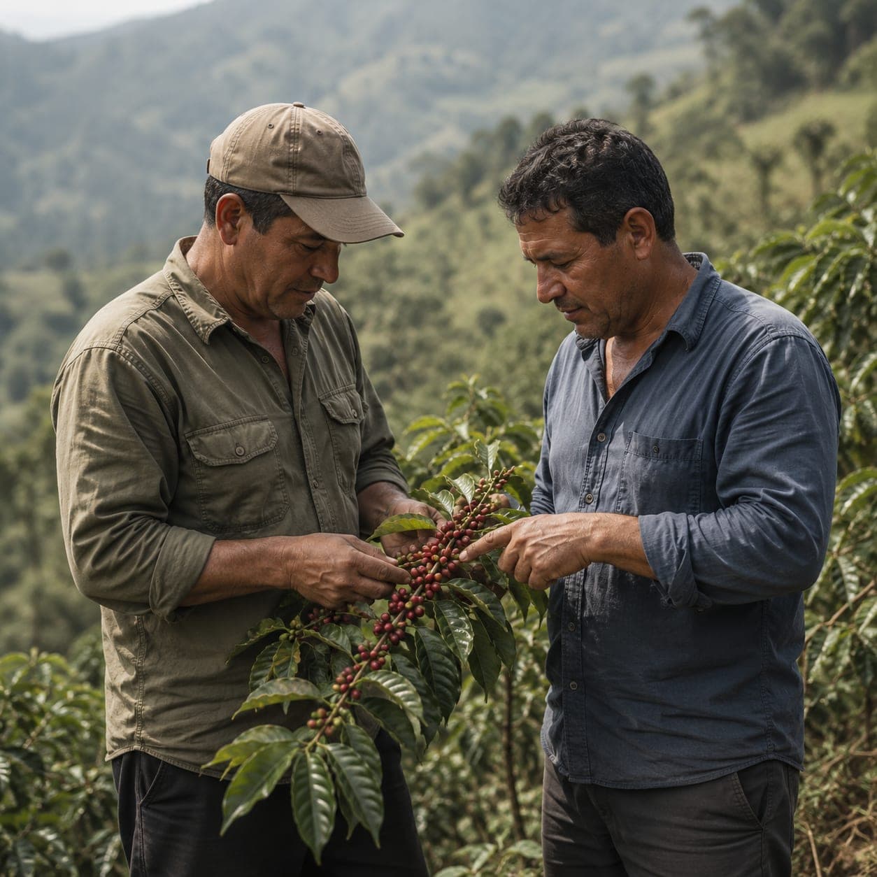 Two coffee professionals in conversation on a hillside farm, one holding a coffee branch while the other points at a cluster of ripe cherries.