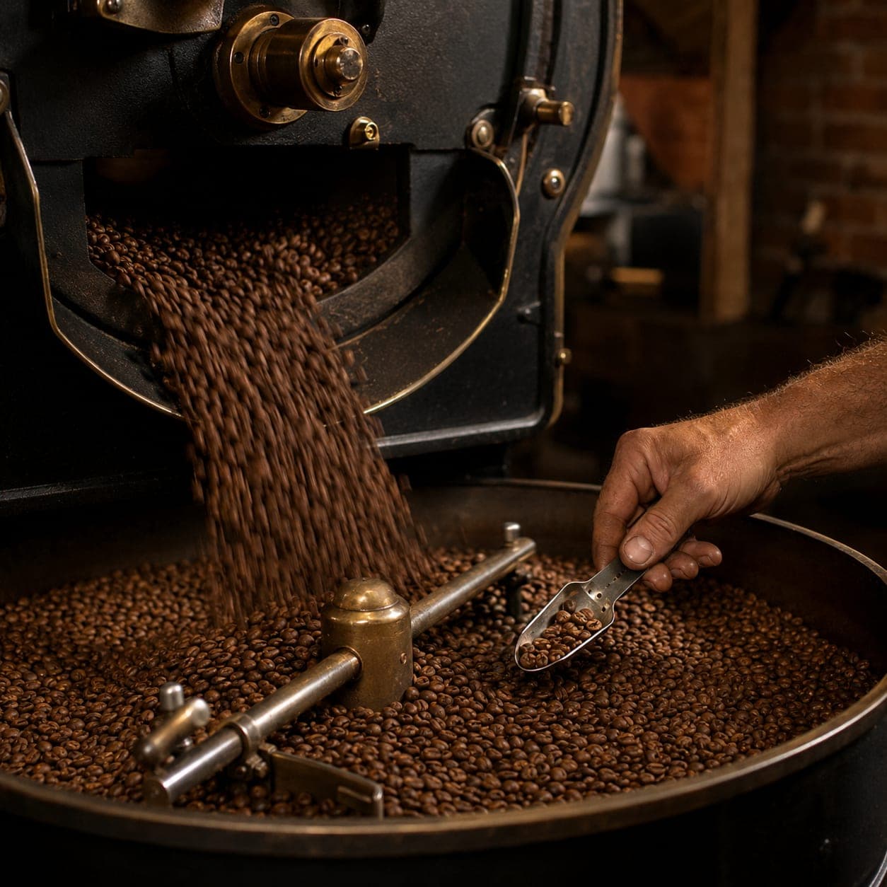 A matte-black drum coffee roaster with brass fittings, freshly roasted brown beans cascading into the cooling tray, and a hand reaching in with a sample trier.