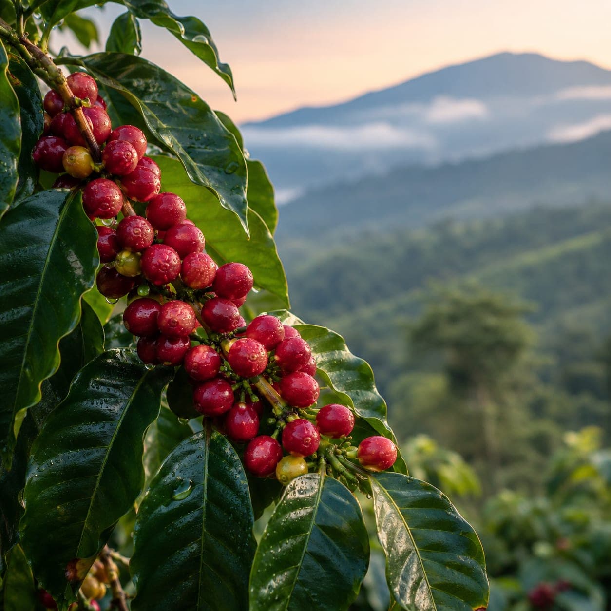 Close-up of a coffee branch with vivid red cherries and glossy green leaves at sunrise, with misty highland ridges softly defocused behind.