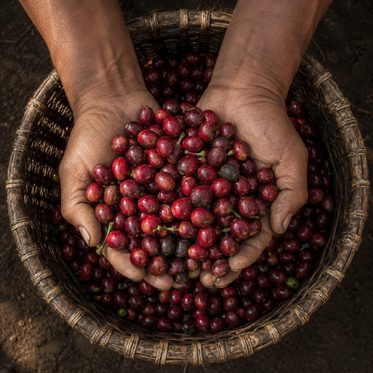 Top-down view of two weathered hands cradling a heaping handful of red coffee cherries above a hand-woven basket filled with more cherries.