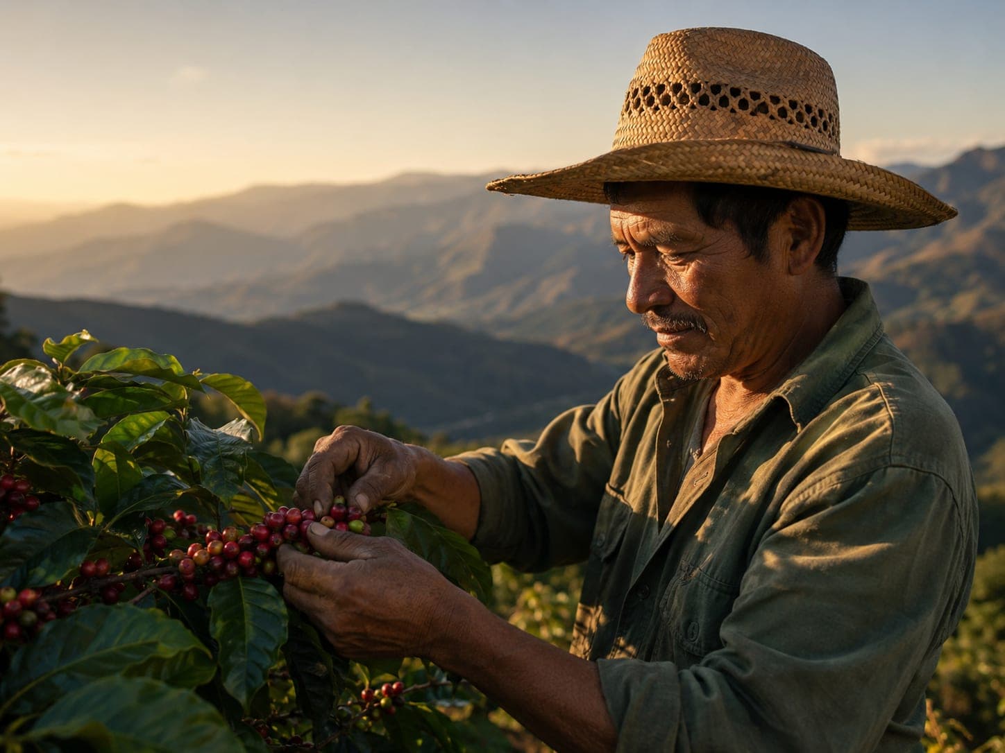 A coffee farmer in a wide-brimmed straw hat inspects ripe red coffee cherries at golden hour, with mountain ridges fading behind him.