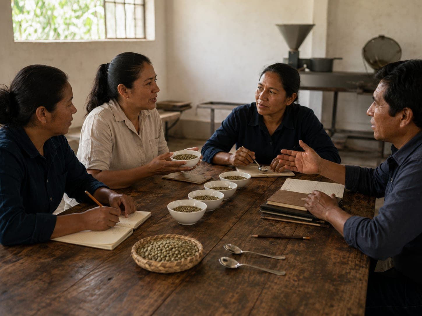 Four adult cooperative members seated around a long wooden meeting table in a whitewashed processing room, mid-discussion over porcelain cupping bowls and stacked notebooks.