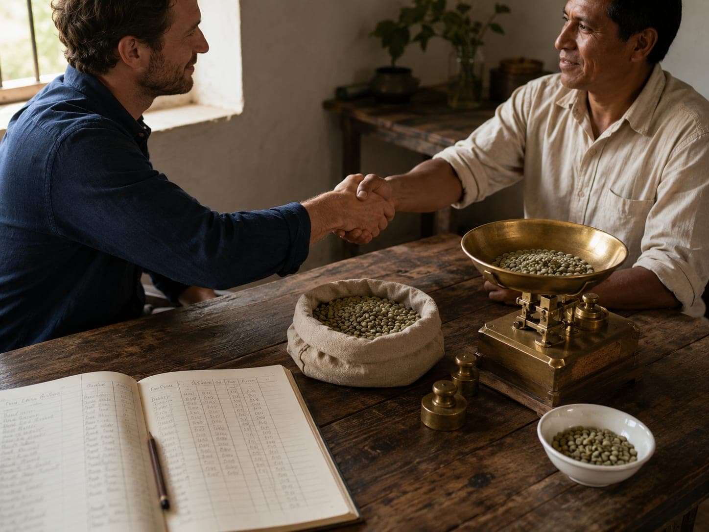 Two coffee professionals shaking hands across a wooden meeting table with a basket of green coffee samples, a brass scale, and a handwritten ledger between them.