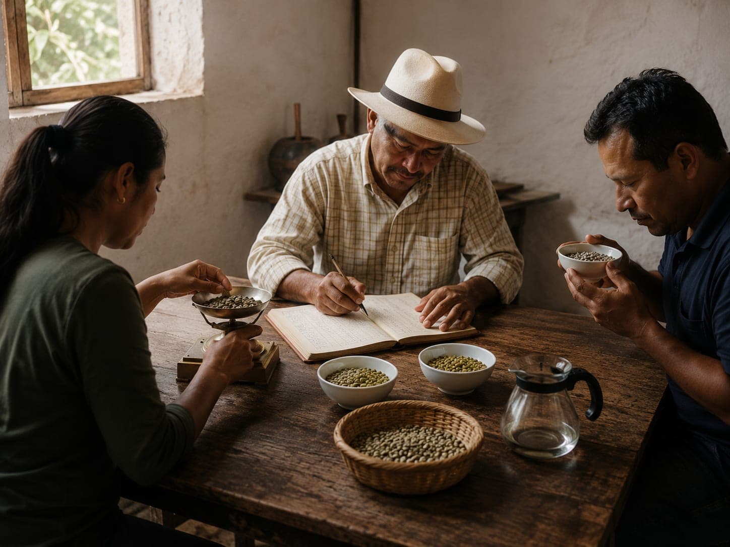 Adult cooperative members at a heavy wooden table in a whitewashed meeting room reviewing porcelain cupping bowls and a handwritten ledger alongside a basket of green coffee samples.