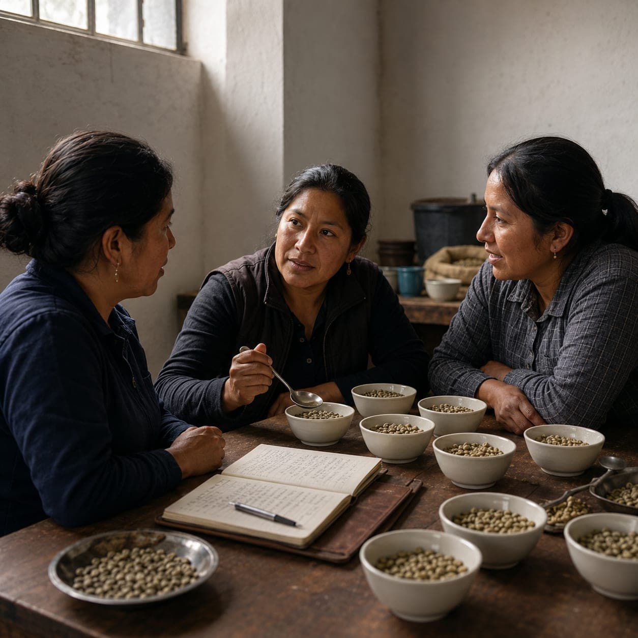 Three adult cooperative members seated around a wooden table in a whitewashed meeting room reviewing notes and cupping samples in soft morning light.