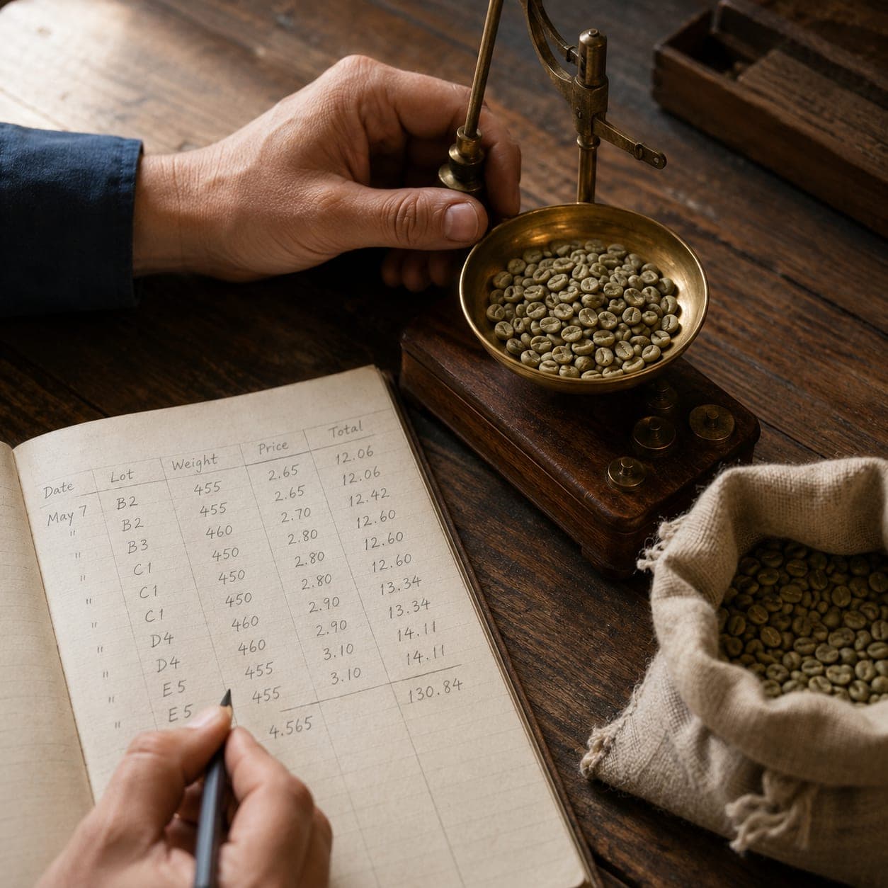 Close-up of hands at a wooden table with a small brass scale weighing green coffee beans alongside a handwritten ledger of weights and prices.