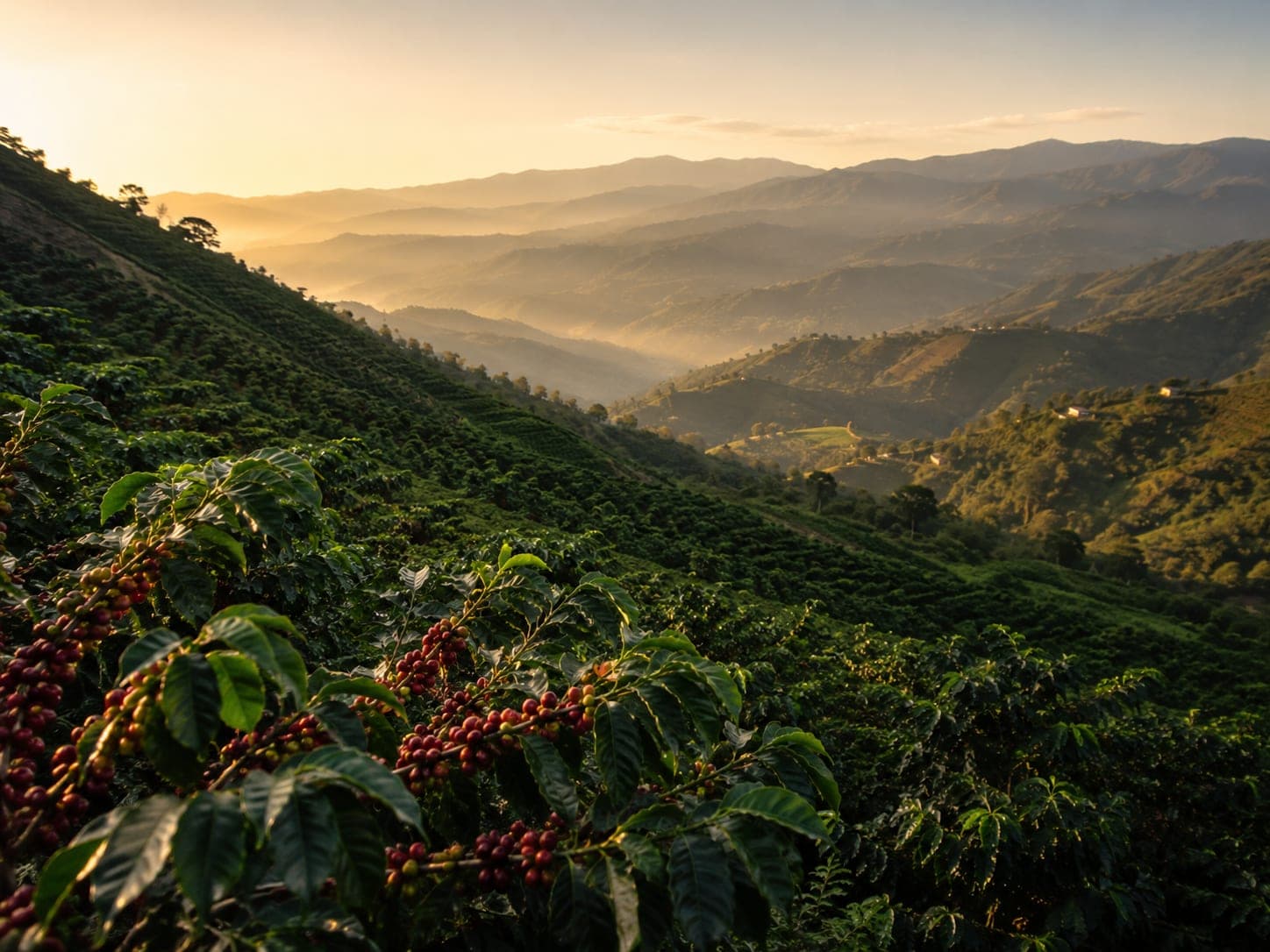 Wide view of Finca El Paraíso coffee farm in the Cauca highlands at golden hour, terraced rows of coffee plants stretching across the slope with layered Andean ridges receding into soft mist behind.
