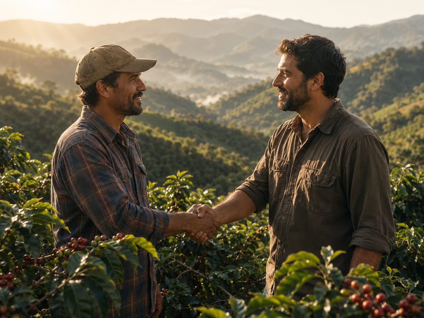 Two coffee professionals shaking hands at golden hour on a hillside coffee farm, with ripe red cherries in the foreground and layered green ridges fading into golden mist behind.