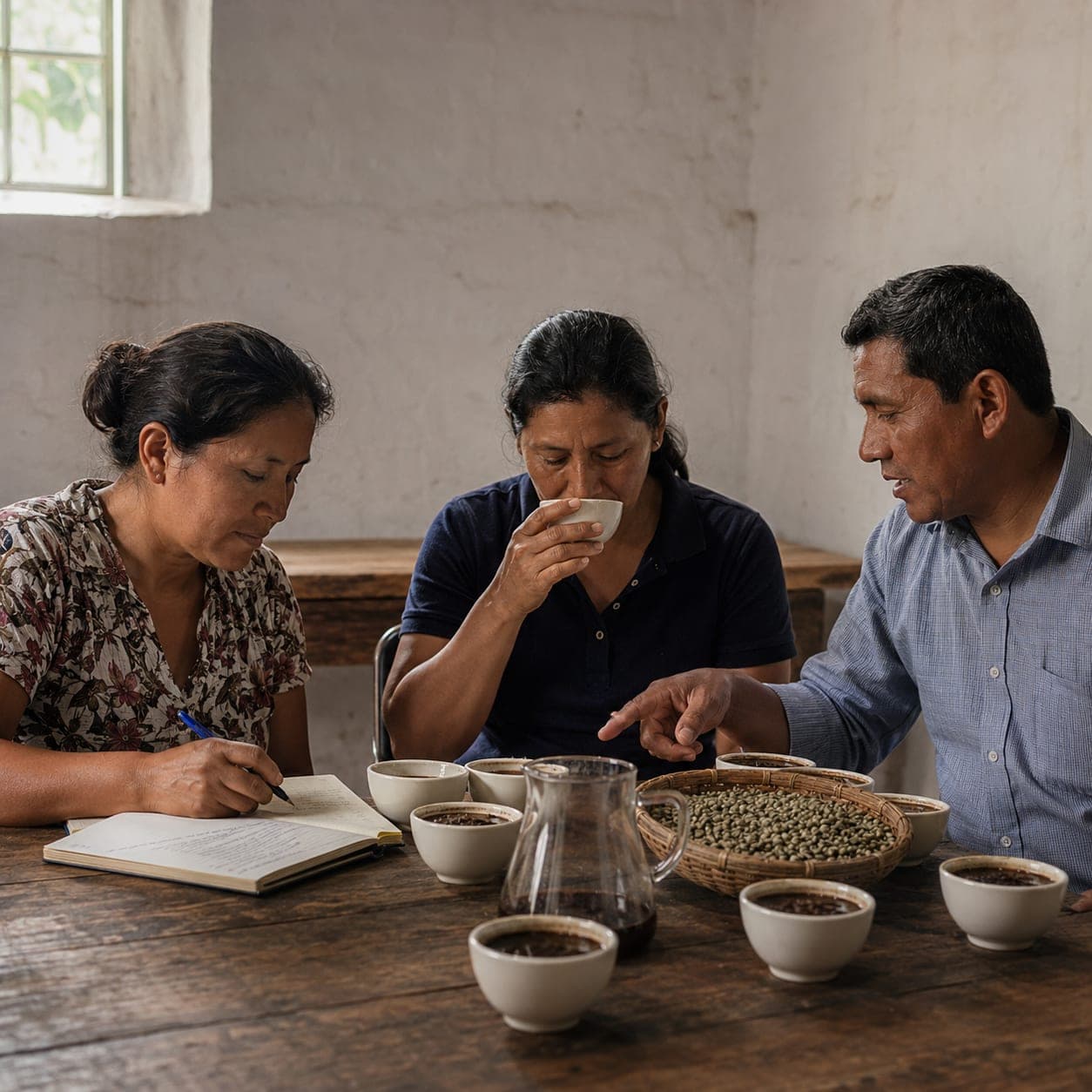 Three adult cooperative members seated around a heavy wooden table in a whitewashed meeting room, reviewing porcelain cupping bowls and handwritten notebooks alongside a glass brewing pitcher and basket of green coffee samples.
