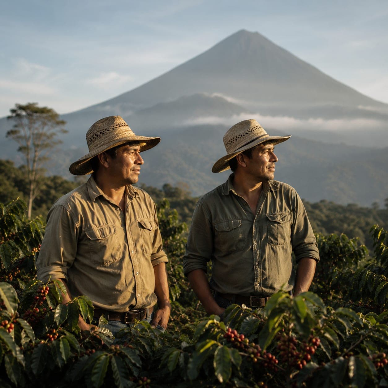 Two Guatemalan coffee farmers in straw work hats standing together at a hillside farm with the volcanic cone of Acatenango rising behind them through soft haze.