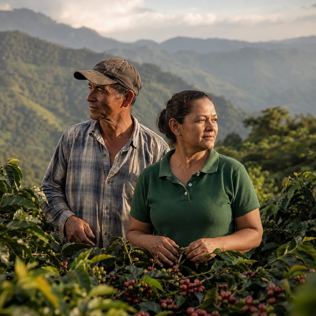 Two Colombian coffee farmers, a man in a plaid shirt and a woman in a polo, standing at the edge of their Cauca highland coffee plot with mountain ridges fading behind.