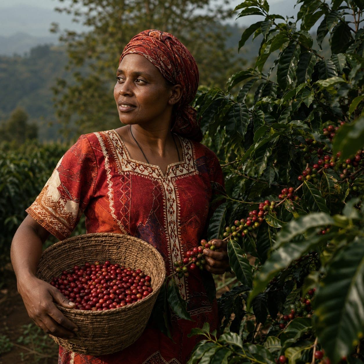 An Ethiopian woman cooperative member in a bright patterned dress and headwrap, holding a hand-woven basket of bright red coffee cherries at the edge of a Yirgacheffe coffee field.