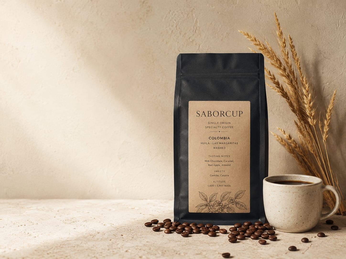 SaborCup Colombia La Sierra coffee bag, a small ceramic mug of coffee, dried wheat stems, and scattered roasted beans on a warm cream surface lit from the upper left.